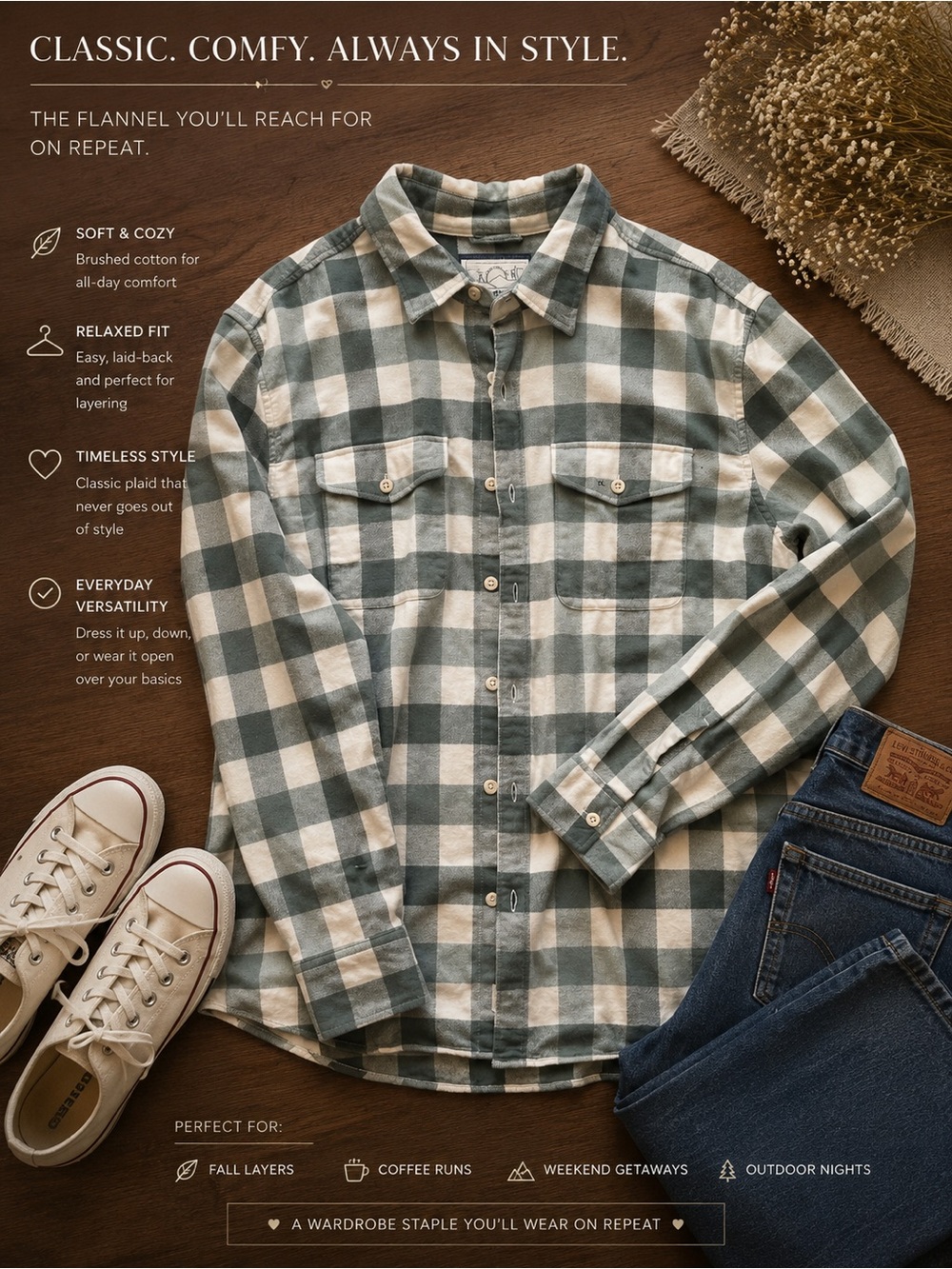 American Eagle Outfitters Green and Cream Plaid Button-Down Shirt